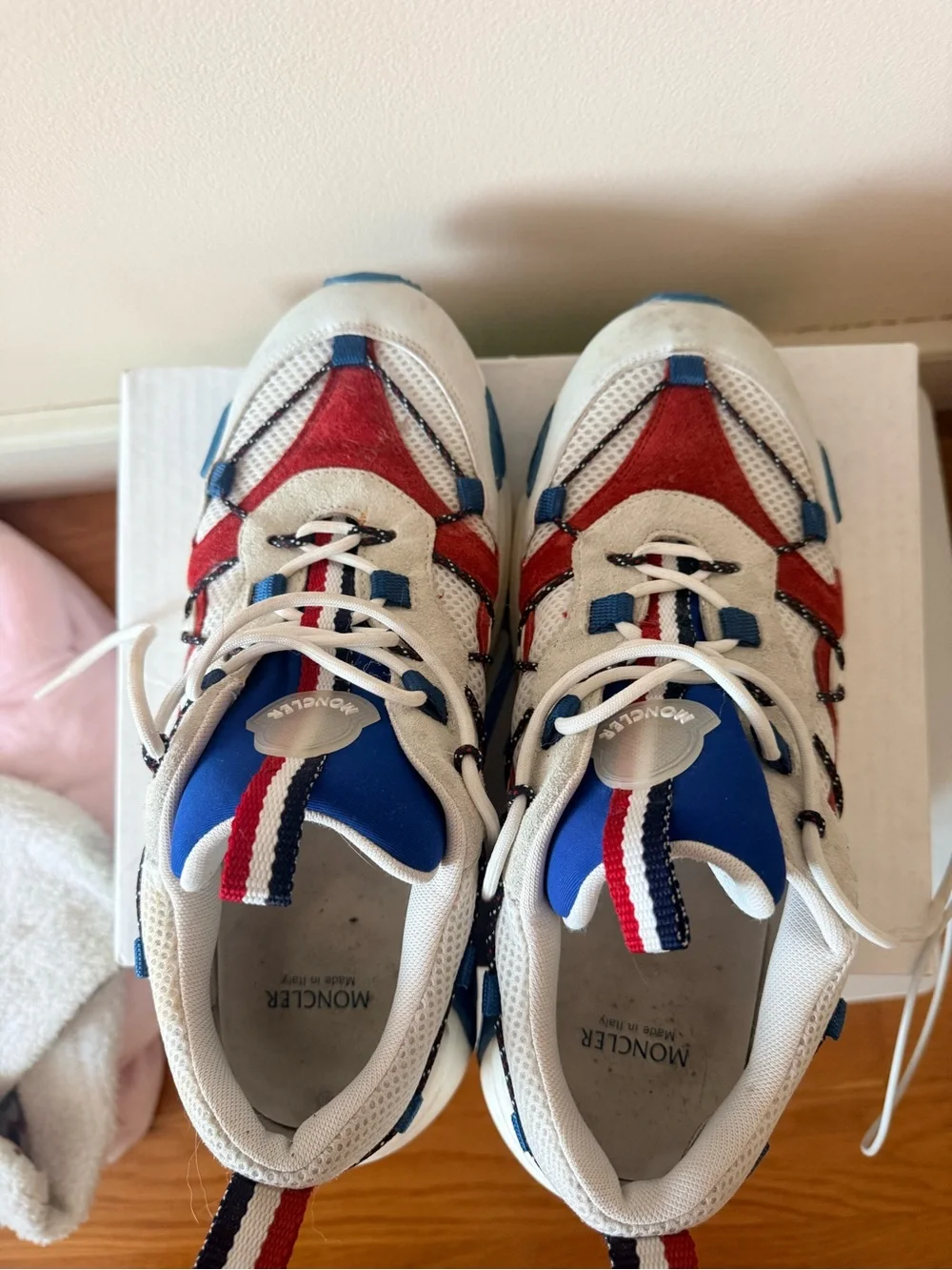 Moncler White, Red & Blue Chunky Lace-Up Sneakers